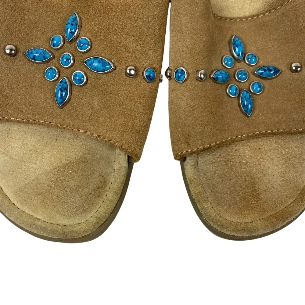 Minnetonka Tan Brown Suede Leather Slides Sandals Turquoise size 8